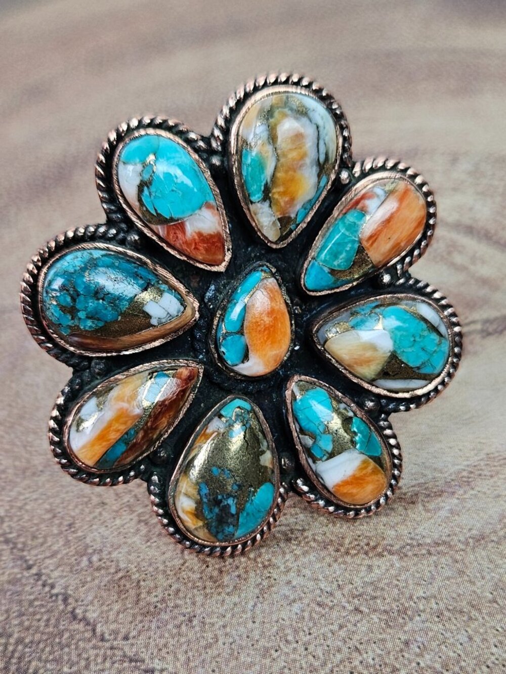 Kingman Orange Spiny Oyster Turquoise Copper Large Full Cluster Flower Ring 5-12